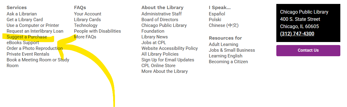 Screen shot of the footer of the Chicago Public Library website, with "Suggest a Purchase" highlighted in yellow.