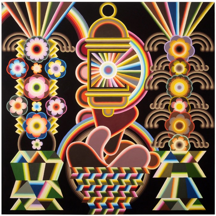 A piece of Edie Fake's artwork that involves looping curves, angles, flowers, and neon colors against a black background. I wish my art vocab were stronger!