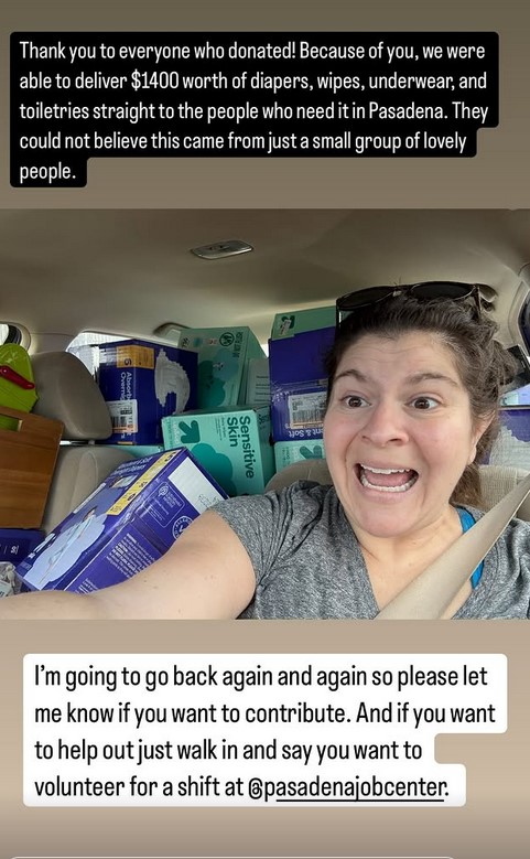 Screenshot of Jo Feldman taking a selfie with an excited face as she sits in her driver's seat with her backseat completely packed full of diaper boxes and other essentials. She added a caption that thanks everyone who contributed to her first round of shopping; she was able to deliver $1400 worth of toiletries and other items straight to people in need. She says that the Job Center couldn't believe this haul came from just a group of kind people.
