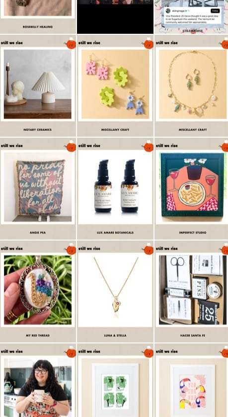 Snapshot of just a few of the auction items laid out in the grid, including a blanket woven with a message about liberation, a gold necklace, a smiling chef modeling an apron she's giving away, and more