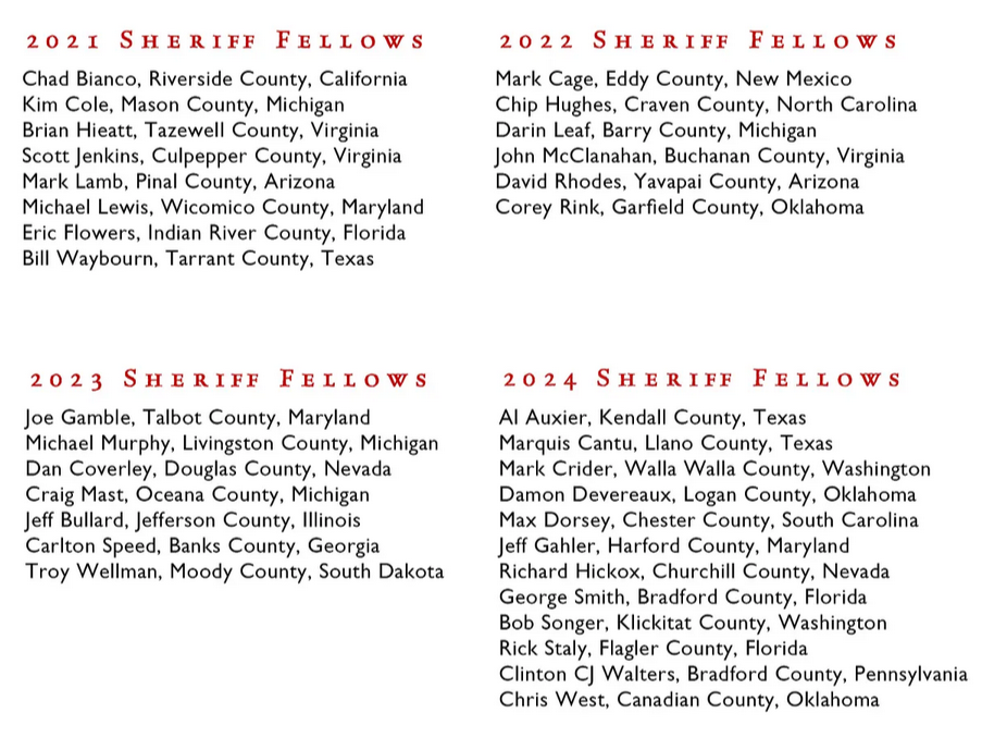 Screenshot from the article linked above at the Bulwark - a list of 2021, 2022, 2023, and 2024 Sheriff Fellows that includes some counties in CA, MI, VA, AZ, MD, FL, TX, NM, NC, OK, WA, PA, NV, SC, GA