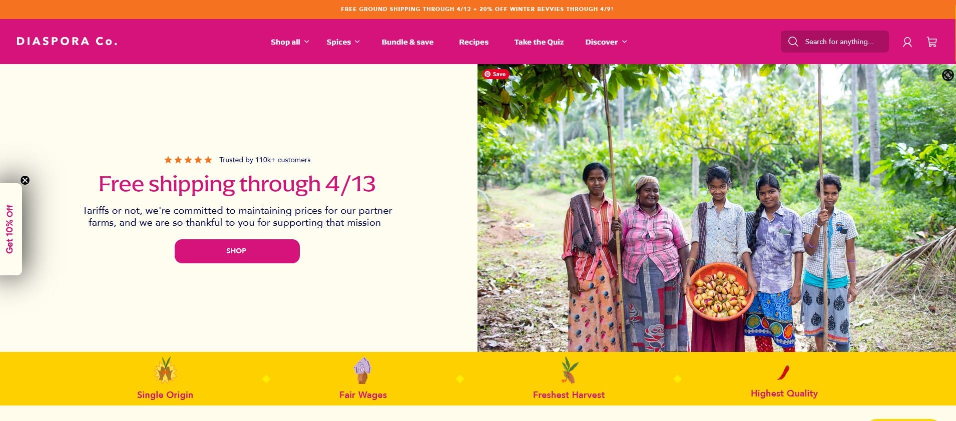 Screenshot includes a big banner announcement about the sale, with a photo of 5 smiling members of a farming family in South Asia, lush greenery behind them.