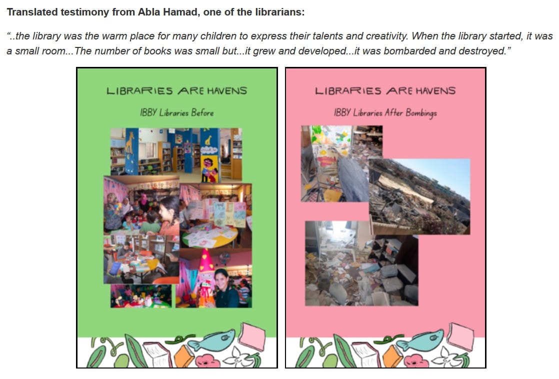 Before and after images of the cheerful libraries full of crafts, books, and kids on the left, and three photos of rubble on the right.