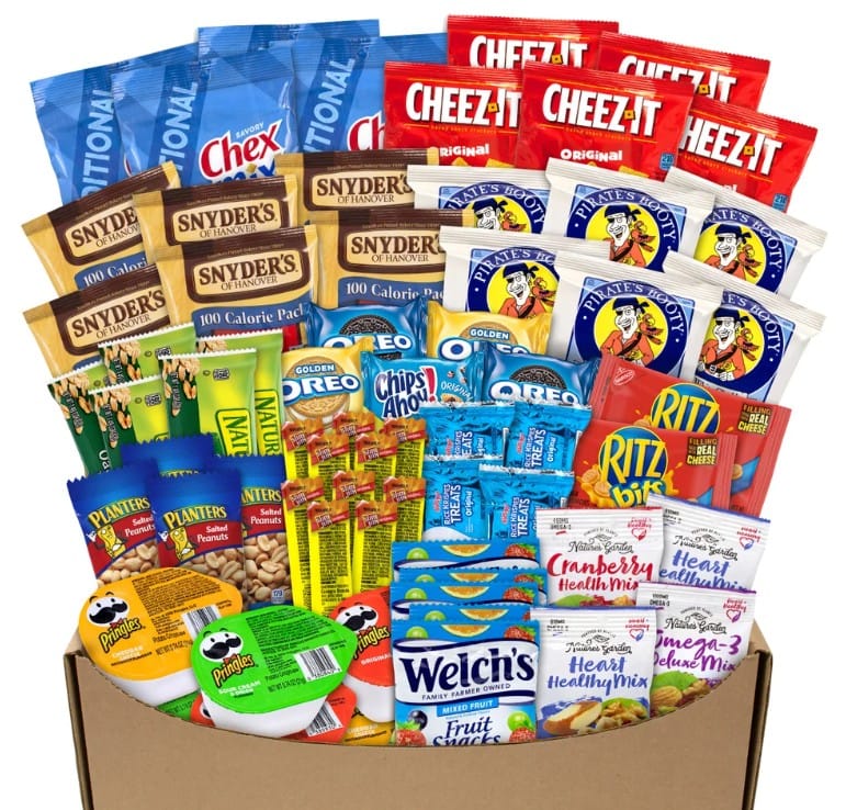 Product image from Costco's website, showing a mix of snack packs like Ritz Bits, trail mix, granola bars, cookies, and fruit snacks.