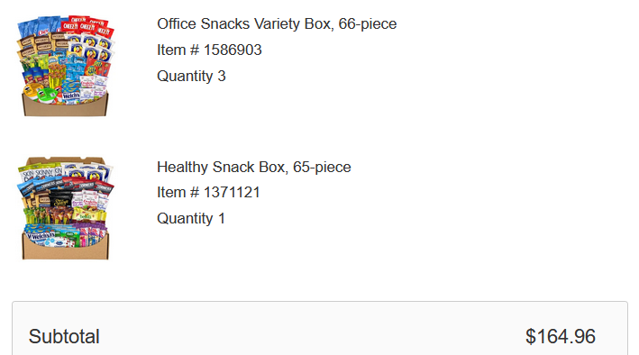 Screenshot that shows my purchase of $164.96 worth of snack boxes filled with popcorn, granola bars, fruit snacks, etc.