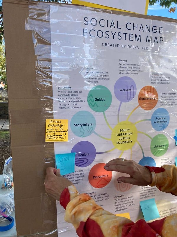 Close-up of someone's hand putting a post-it note where they've written "Carol S." beside the "Healers" circle on the social change ecosystem poster