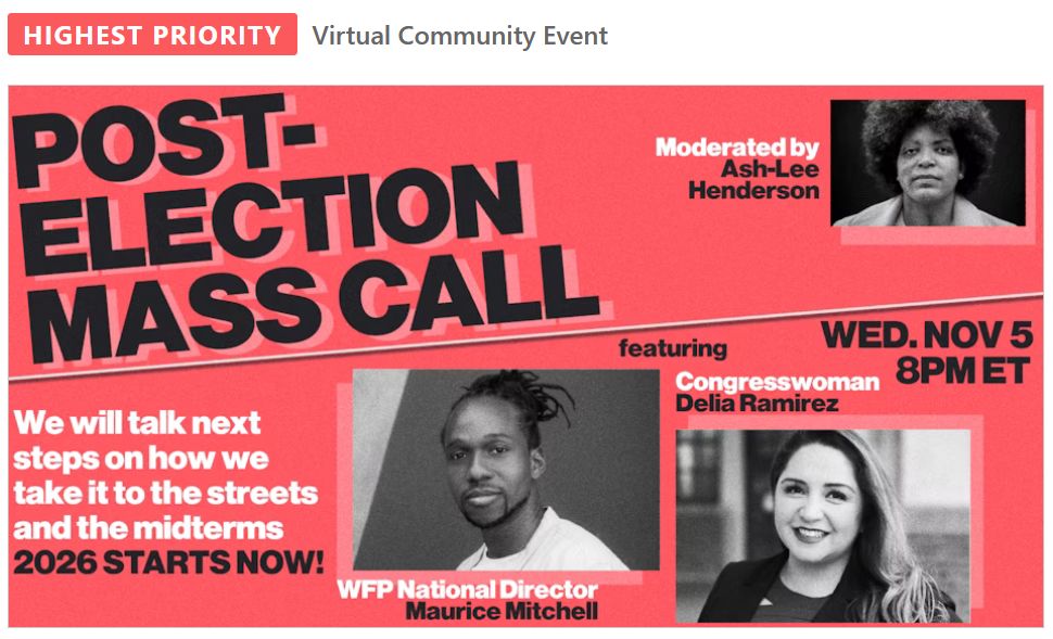 Screenshot of an event listing from Mobilize titled POST-ELECTION MASS CALL and w/ headshots of Ash-Lee Henderson, Maurice Mitchell, and Delia Ramirez.