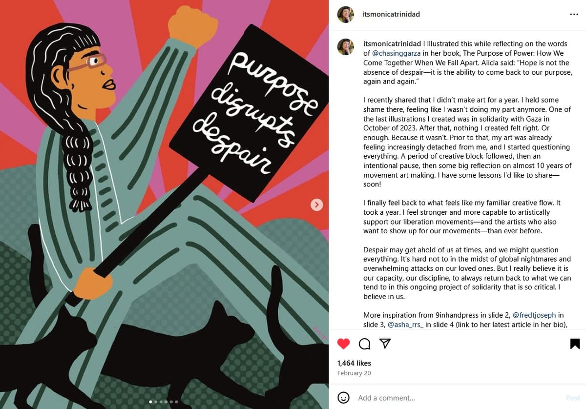 Illustration of a Brown person with a long black braid, a determined expression, and a fist raised. They hold a sign reading PURPOSE DISRUPTS DESPAIR.