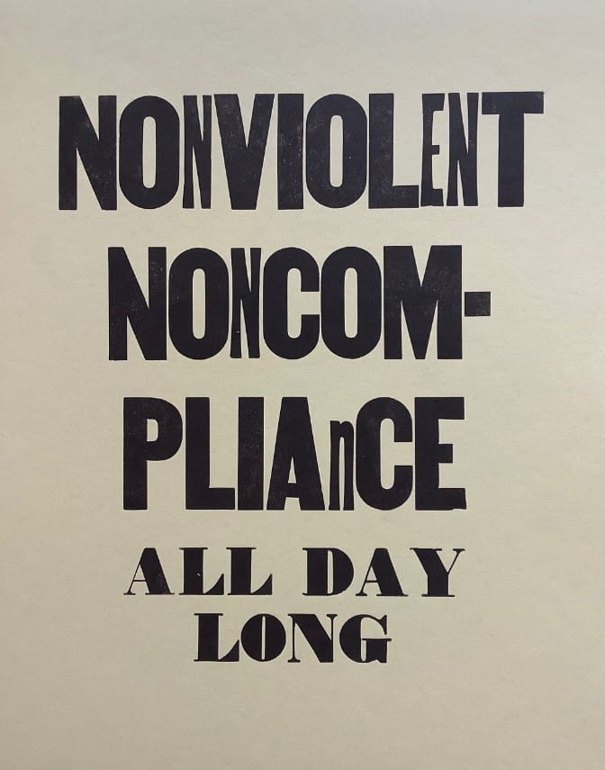 A print that reads NONVIOLENT NONCOMPLIANCE ALL DAY LONG in a mix of fonts and sizes