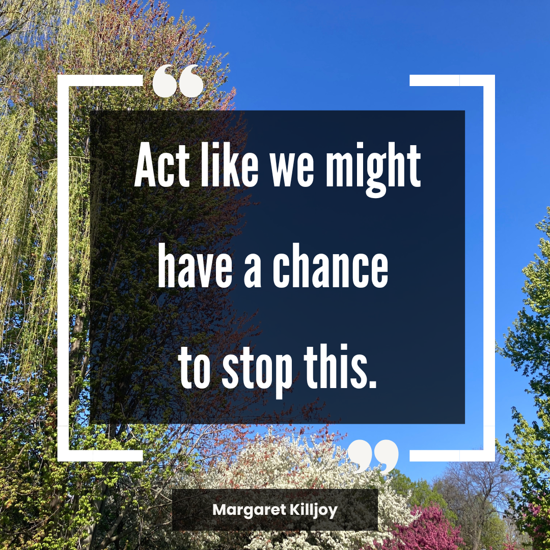 Graphic that reads "Act like we might have a chance to stop this. - Margaret Killjoy" against a background photo of trees against a blue sky