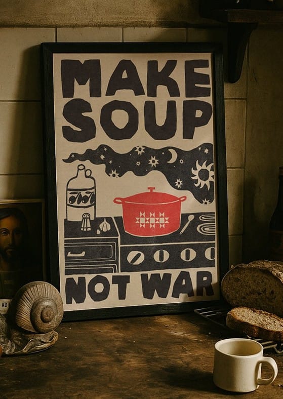 Framed poster that reads MAKE SOUP NOT WAR leaning on a kitchen counter
