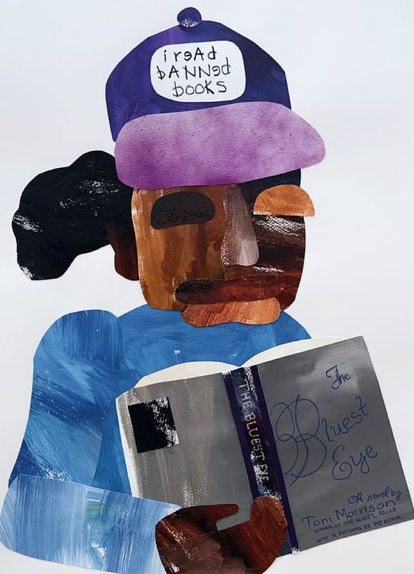 Painted paper collage featuring a Black person with a baseball cap that reads "i read banned books," holding a copy of Toni Morrison's The Bluest Eye