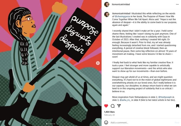 Illustration of a Brown person with a long black braid, a determined expression, and a fist raised. They hold a sign reading PURPOSE DISRUPTS DESPAIR.