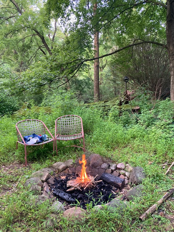 Two chairs pulled up beside a campfire that's surrounded by a circle of stones and thick grass and green leaves.