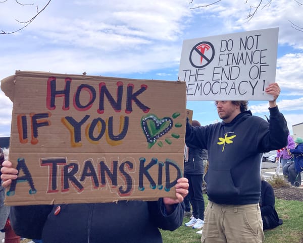 Two protestors hold signs at a recent #TeslaTakedown. One reads HONK IF YOU HEART A TRANS KID. The other says DO NOT FINANCE THE END OF DEMOCRACY!