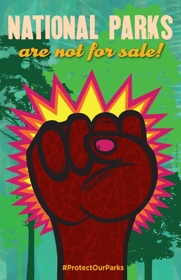 Poster with the words NATIONAL PARKS ARE NOT FOR SALE #ProtectOurParks. Brown fist w pink nail polish is raised against a green tree design.