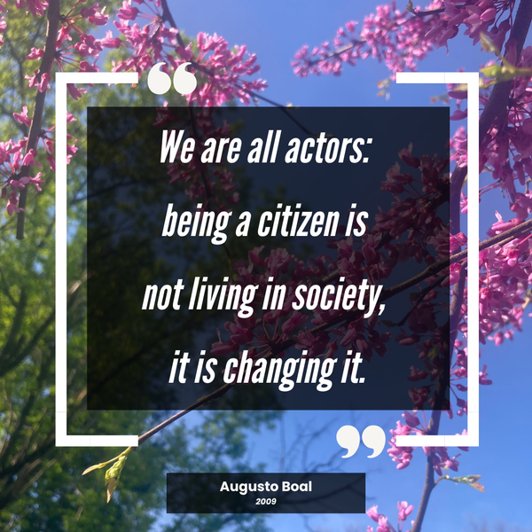 Background is a pink tree blossoming against blue sky with a green bud emerging from the end. Quote reads We are all actors: being a citizen is not living in society, it is changing it.