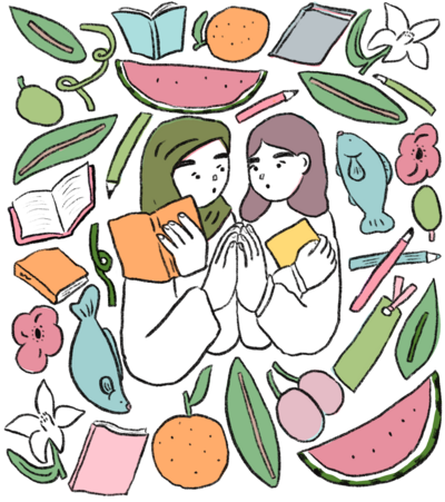 Illustration with two people in the center, one wearing a hijab, holding books and surrounded by fruit, olives, fish, leaves