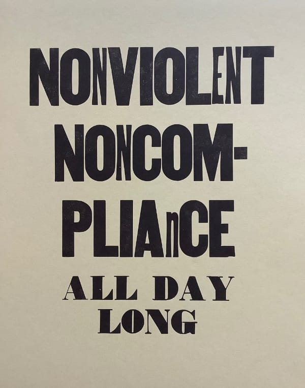 A print that reads NONVIOLENT NONCOMPLIANCE ALL DAY LONG in a mix of fonts and sizes
