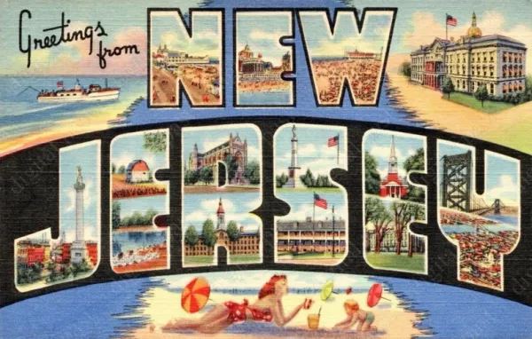 Vintage postcard that reads Greetings from New Jersey and shows a white pinup gal lounging on a beach, the state capitol building, and other Americana :/