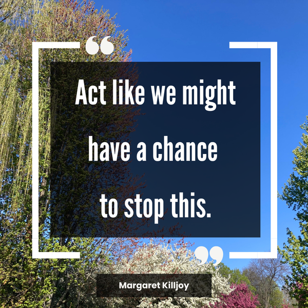 Graphic that reads "Act like we might have a chance to stop this. - Margaret Killjoy" against a background photo of trees against a blue sky