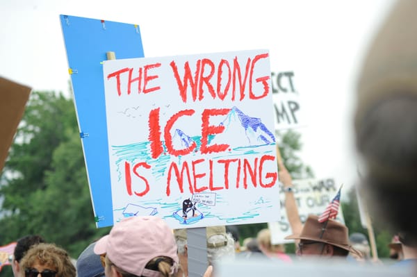 Close-up of a handmade poster at a protest in Baltimore. The sign reads THE WRONG ICE IS MELTING and has a sketch of polar icecaps with a penguin holding its own sign.