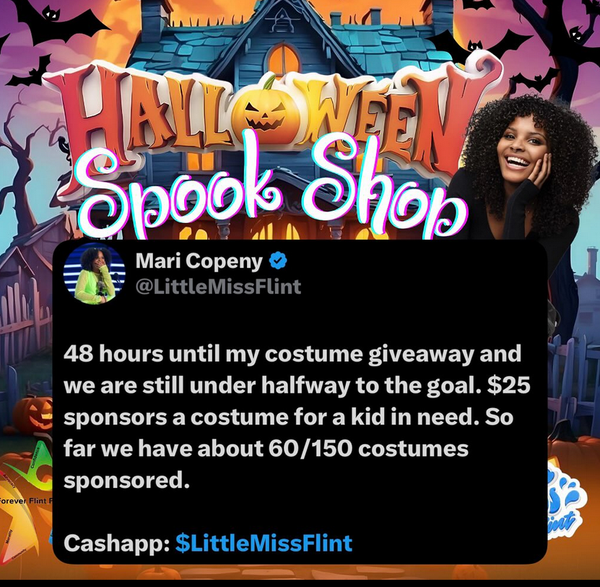 Halloween graphic that reads "48 hrs until my costume giveaway and we are still under halfway to the goal. $25 sponsors a costume for a kid in need..."