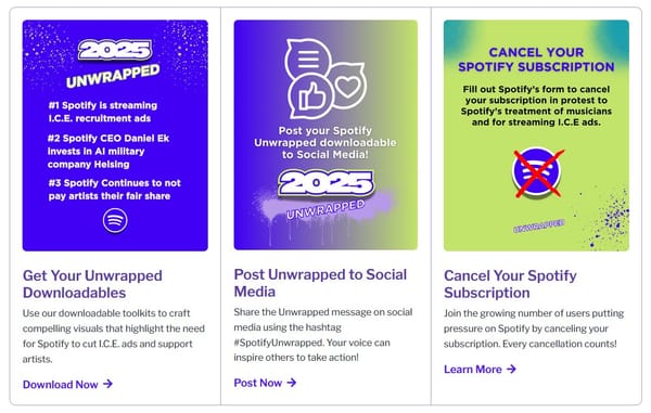 Screenshot from the Spotify Unwrapped site w/ 3 calls to action: Get Downloadables, Post Unwrapped to Social Media, & Cancel Your Spotify Subscription